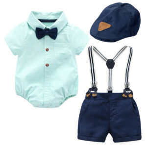 Baby Boy Gentleman Outfit Set – 3-Piece Summer Formal Romper with Suspenders, Bow Tie & Beret