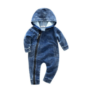 Hooded Baby Denim Coverall – Lightweight Zip-Up Romper for Boys & Girls