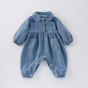 Baby Girl Soft Denim Romper – Long Sleeve Lyocell Cotton Outfit with Ruffle Collar