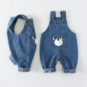 Baby Boy Denim Jumpsuit with Cartoon Bear Pocket – Cute & Comfy Fall Overalls