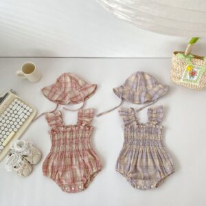 Thin Summer Clothing Baby Girl Color Matching Plaid Onesie Clothes Get Hat For Free