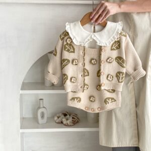Baby Girl Apricot Floral Cardigan – Soft Cotton Knit Sweater for Spring & Fall