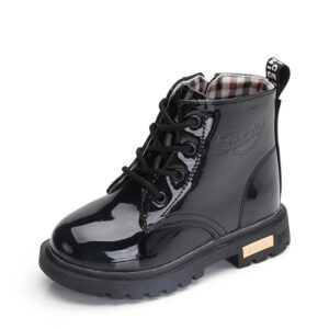 Patent Leather Kids Boots – Black Zipper Boots for Girls with Warm Fur Lining